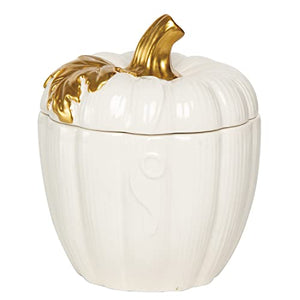 6-Inch Decorative White Ceramic Pumpkin Container w/Lid & Metallic Gold Stem