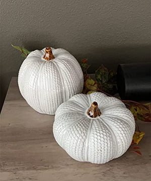 Set of 2 Ceramic Knit White Faux Pumpkin Figurines