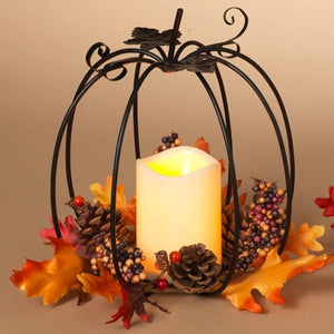 11-Inch Black Metal Pumpkin Candle Holder with LED Candle, Timer and Fall Leaves