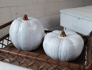 Set of 2 Ceramic Knit White Faux Pumpkin Figurines