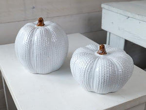 Set of 2 Ceramic Knit White Faux Pumpkin Figurines