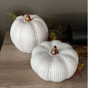 Set of 2 Ceramic Knit White Faux Pumpkin Figurines