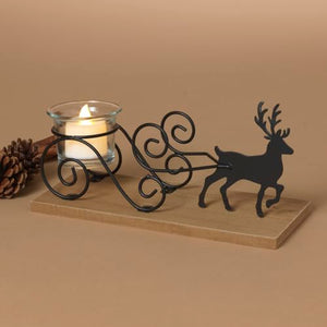 8.25-Inch Metal & Wood Reindeer Sleigh w/Glass Tealight Candle Holder