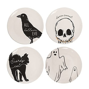 Set of 4 Spooky Black and White Ceramic Halloween Dessert, Salad, Appetizer Plates with Ghost, Black Cat, Crow, Skull Designs - Kitchen Dishes Tableware Party Decor