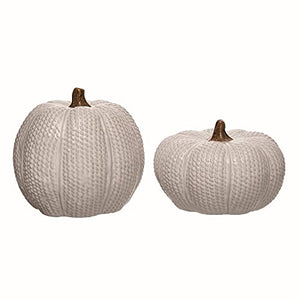 Set of 2 Ceramic Knit White Faux Pumpkin Figurines