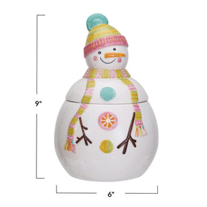 9-Inch Whimsical White Stoneware Snowman Cookie Jar with Lid & Pastel Accents