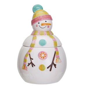 9-Inch Whimsical White Stoneware Snowman Cookie Jar with Lid & Pastel Accents