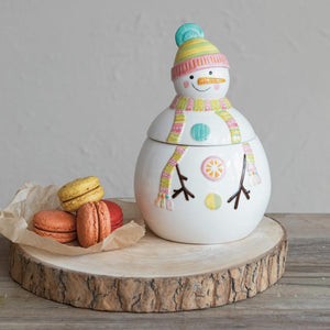 9-Inch Whimsical White Stoneware Snowman Cookie Jar with Lid & Pastel Accents