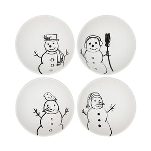 Set of 4 Small 4-Inch Stoneware Black and White Snowman Bowls