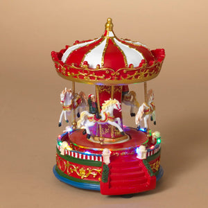 9-Inch Light Up Musical Animated Christmas Village Carousel Moving - Decorative LED Lighted Amusement Park Merry Go Round