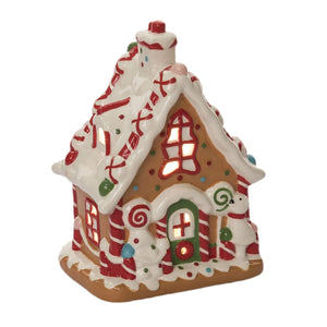 8.75-Inch Lighted Ceramic Gingerbread House Decor