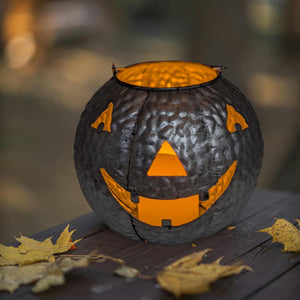 8.25-Inch Rustic Silver Galvanized Metal Jack-o-Lantern Pumpkin Halloween LED Votive Candle Holder Lantern