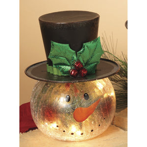 8-Inch Lighted Crackle Glass Christmas Snowman Head Figurine w/Metal Top Hat & Holly Berry Accent