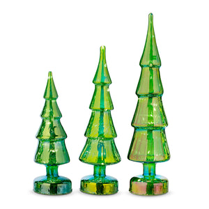 Large Set of 3 (16", 13.25", 11") LED Lighted Iridescent Green Glass Christmas Trees for Tabletop w/Timer