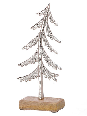 9-Inch Silver Aluminum Metal Christmas Tree on Wood Base