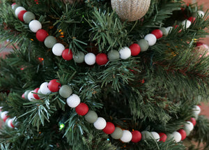 9-Foot Rustic Red, Sage Green and White Wood Bead Garland Christmas Tree Decoration