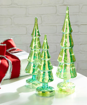 Large Set of 3 (16", 13.25", 11") LED Lighted Iridescent Green Glass Christmas Trees for Tabletop w/Timer