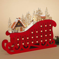 LED Lighted Red Wooden Bavarian Sleigh Advent Calendar