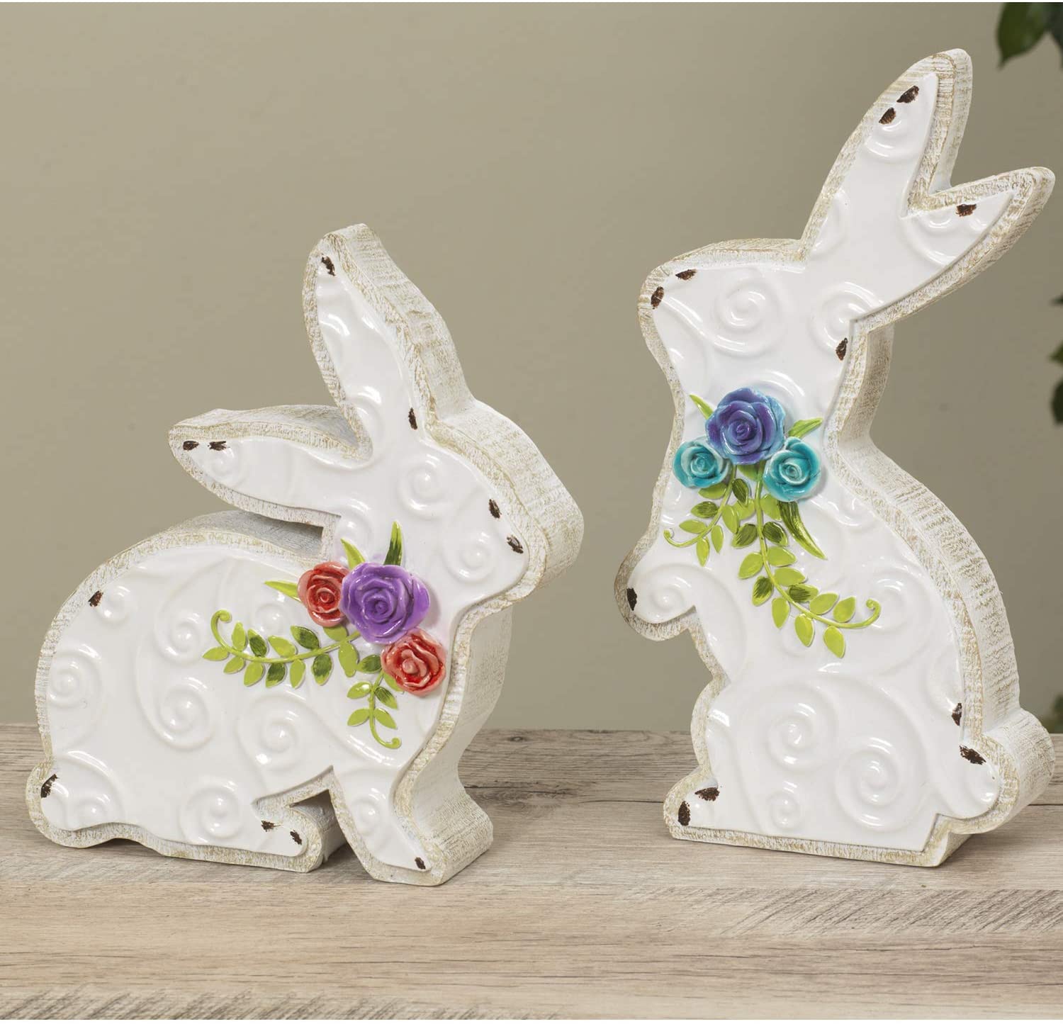 Set of 2 Rustic White Easter Bunny Figurines with Embossed Design ...