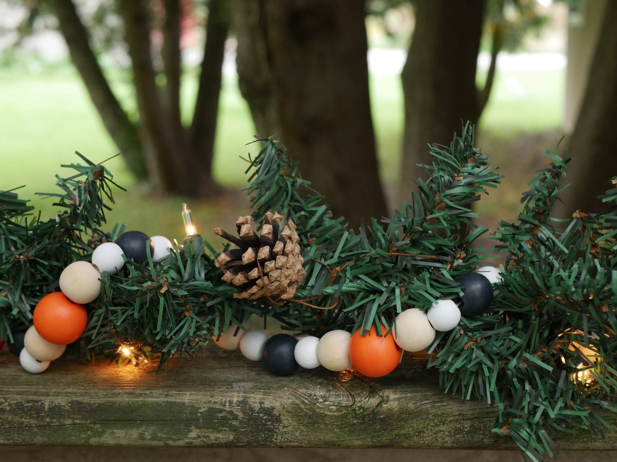 9-Foot Vintage Rustic Stained Dark Navy Blue Matte Wood Bead Garland C -  One Holiday Way